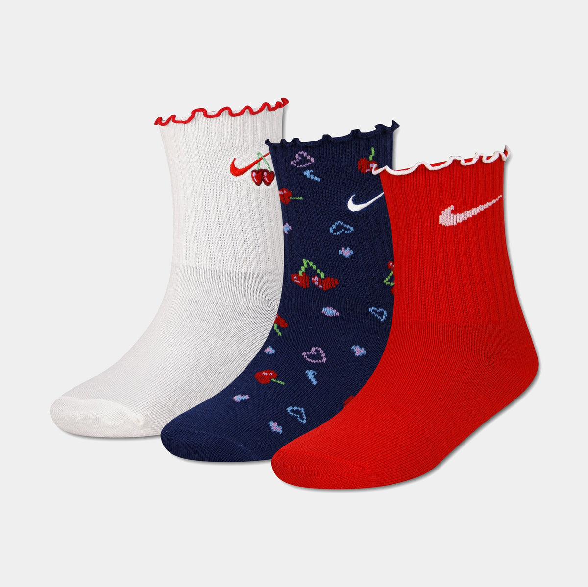 Cherry Lettuce Micro Crew 3 Pack Grade School Socks (Red/Blue)
