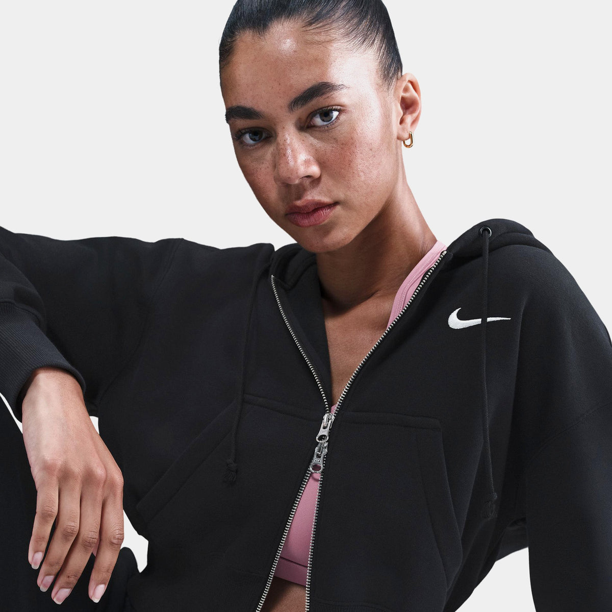 Phoenix Fleece Loose Full Zip Cropped Womens Hoodie (Black/Sail)